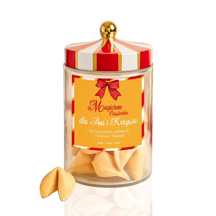 Zestaw ciasteczek z wróżbą w ozdobnym słoiku – idealny na prezent świąteczny dla bliskich.