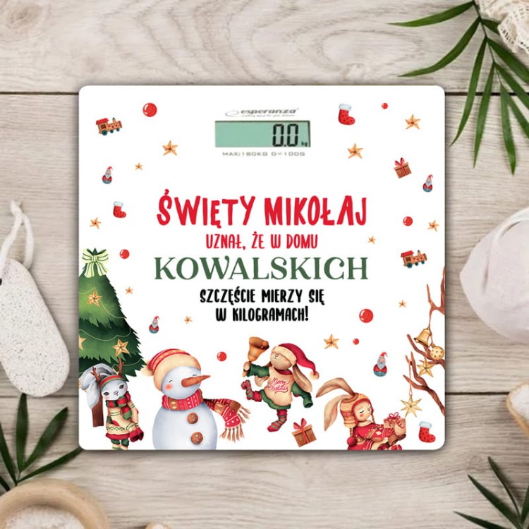 Personalizowana waga łazienkowa z zabawnym świątecznym nadrukiem na prezent pod choinkę.