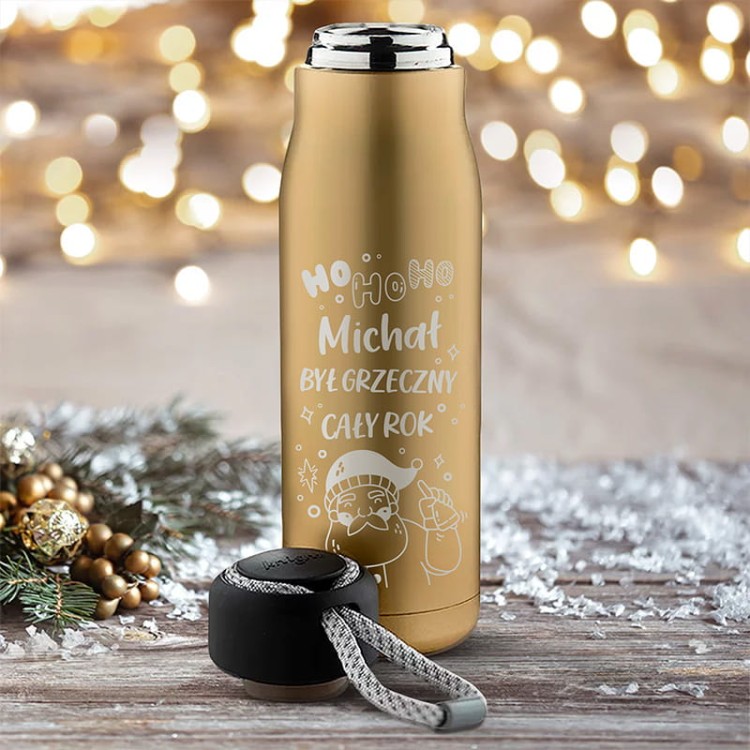 Złoty termos z personalizowanym napisem na święta.