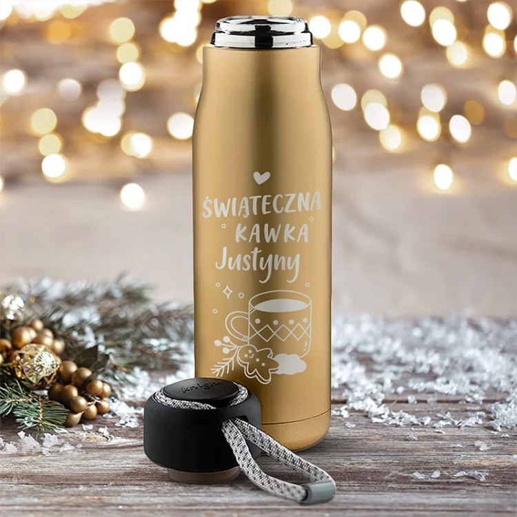 Złoty termos z napisem „Świąteczna kawka” i imieniem.