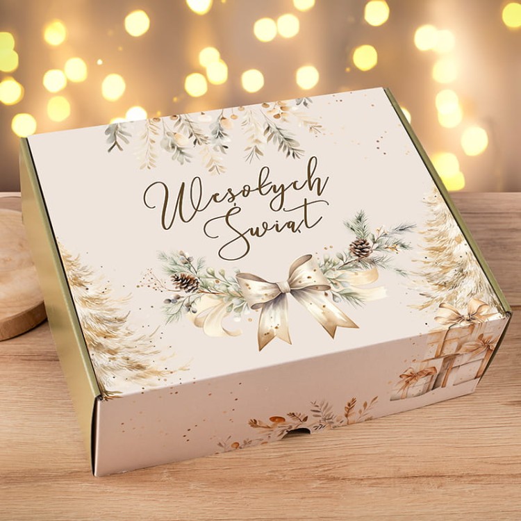 Stylowy zestaw świąteczny z napisem "Wesołych Świąt" na wieczku pudełka.