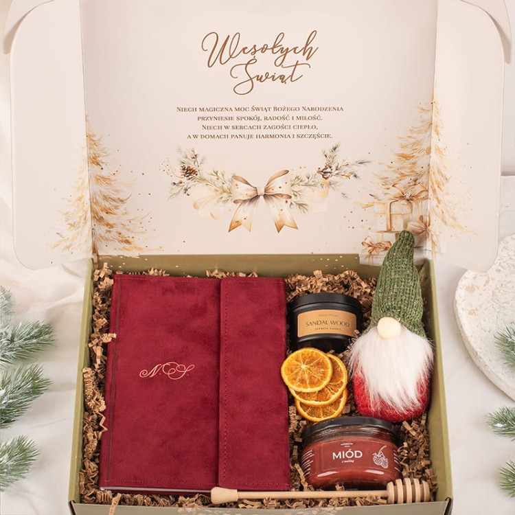 Elegancki zestaw prezentowy dla niej z notesem, świeczką i miodem na święta.