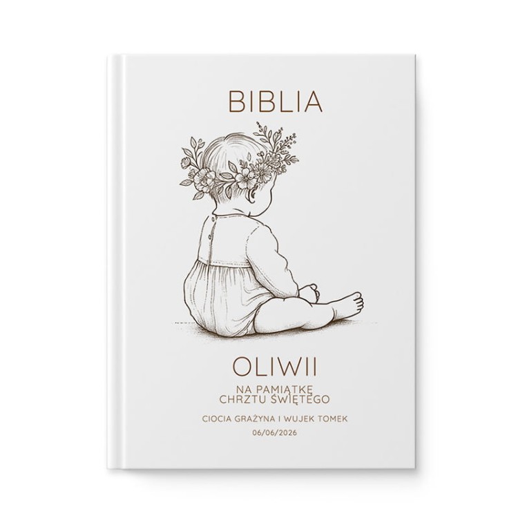 Okładka Biblii na Chrzest Święty z rysunkiem dziecka i wieńcem kwiatów.