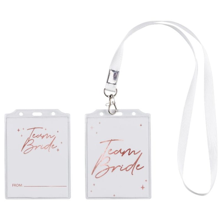 Zestaw identyfikatorów Team Bride z miejscem na wpisanie imienia dla uczestniczek imprezy.