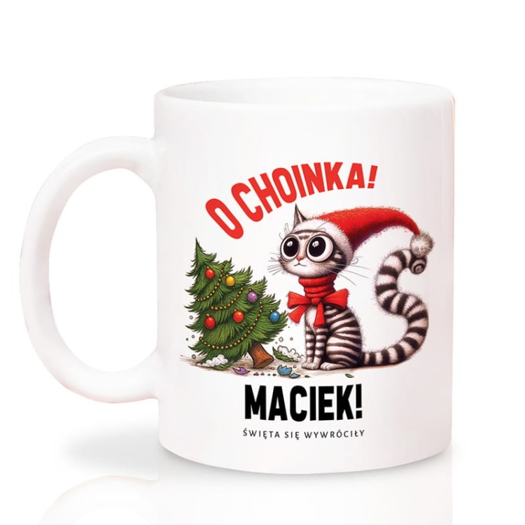 Personalizowany kubek z kotem w czapce Mikołaja i napisem „O choinka!”.