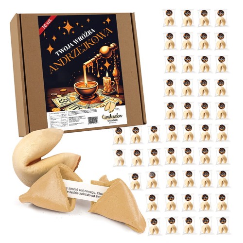 Zestaw 50 ciasteczek z wróżbą i naklejkami na andrzejki.