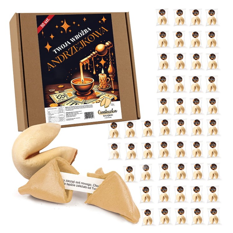 Zestaw 50 ciasteczek z wróżbą i naklejkami na andrzejki.