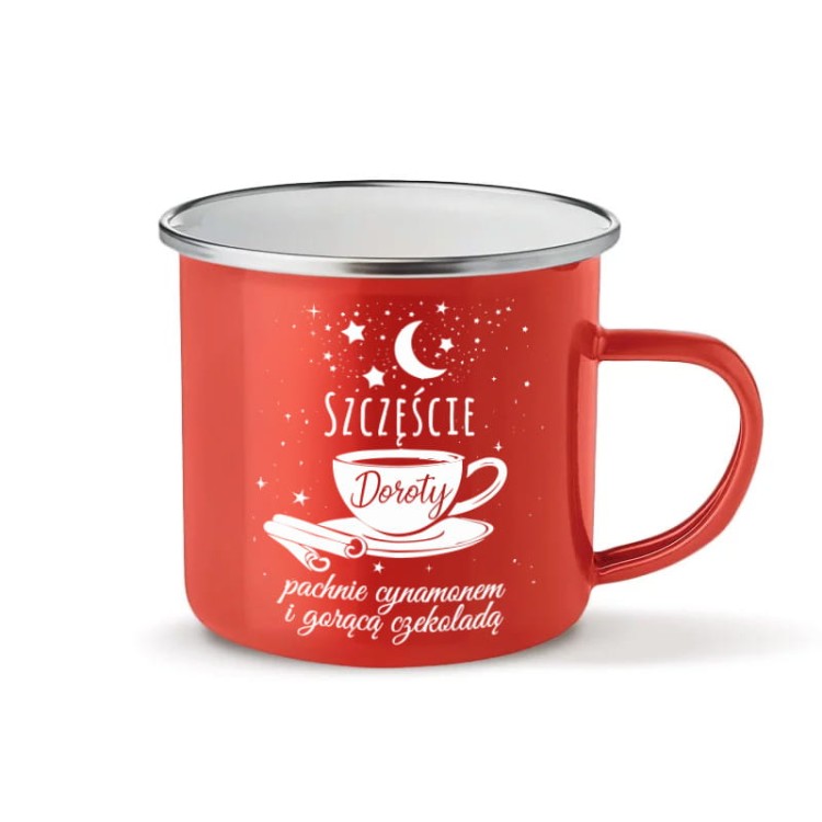Kubek z motywem świątecznym i napisem o czekoladzie oraz cynamonie.