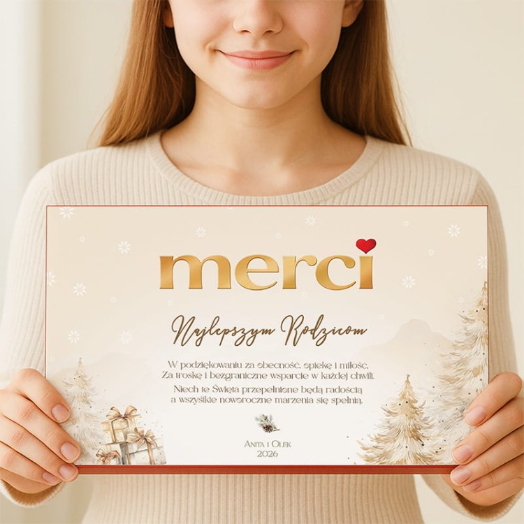 Personalizowana bombonierka Merci z zimową grafiką i dedykacją