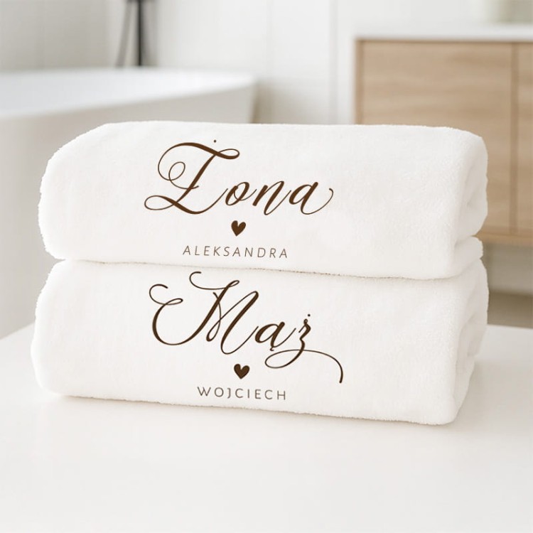 Komplet ręczników z napisami Mąż i Żona jako prezent dla małżeństwa