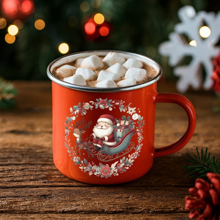 Świąteczny kubek z Mikołajem na saniach jako pomysł na prezent z personalizacją