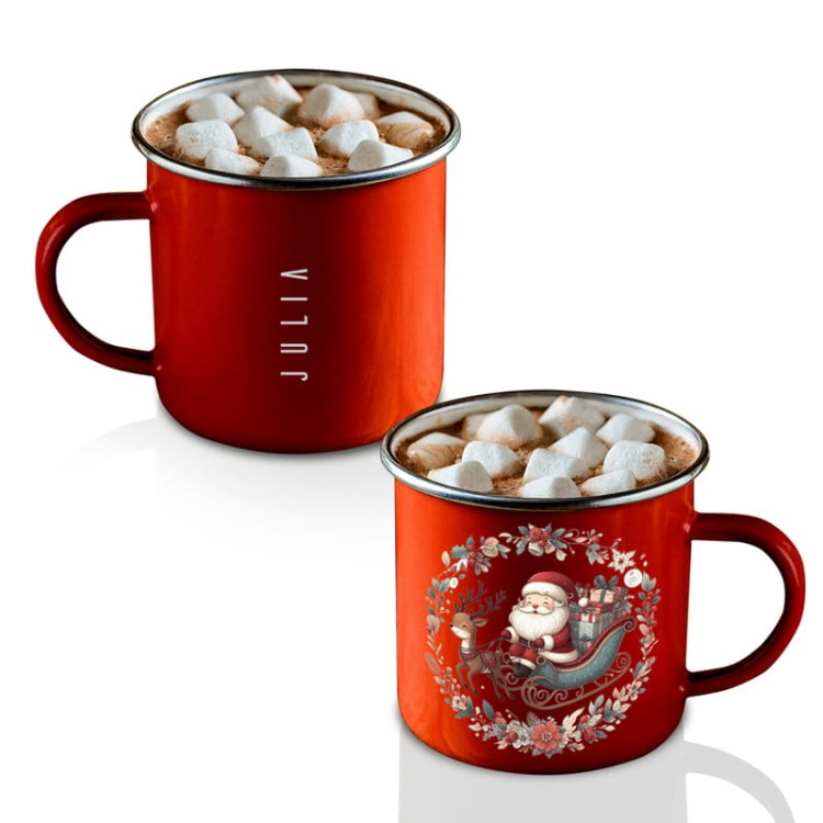 Kubek na Mikołajki z motywem Mikołaja i prezentów w stylu retro