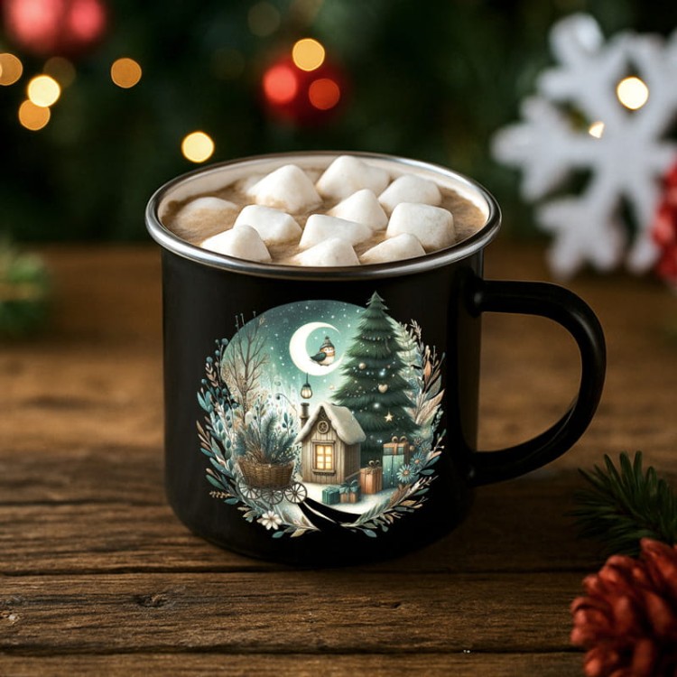 Czarny świąteczny kubek z zimową ilustracją domku i choinki