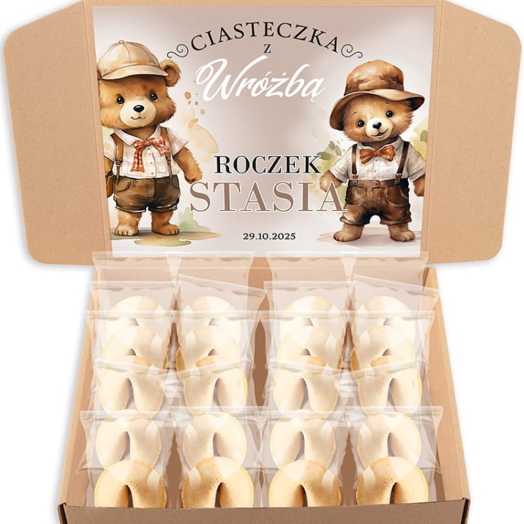 Słodki upominek dla gości na roczek z wróżbą i delikatną grafiką.