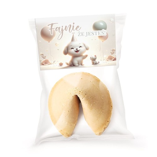 Ciasteczko z wróżbą dla dzieci w opakowaniu z pieskiem i balonami.