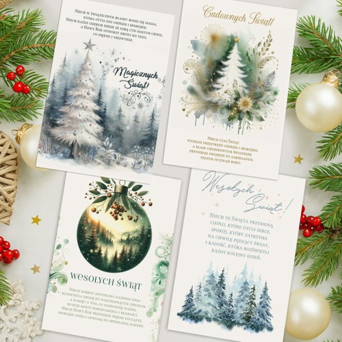 Zestaw opłatków wigilijnych z nadrukowanymi życzeniami świątecznymi i ilustracjami choinek.
