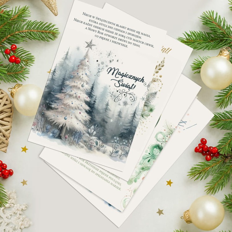 Świąteczne opłatki z życzeniami i zimowymi grafikami w zestawie 4 sztuk.