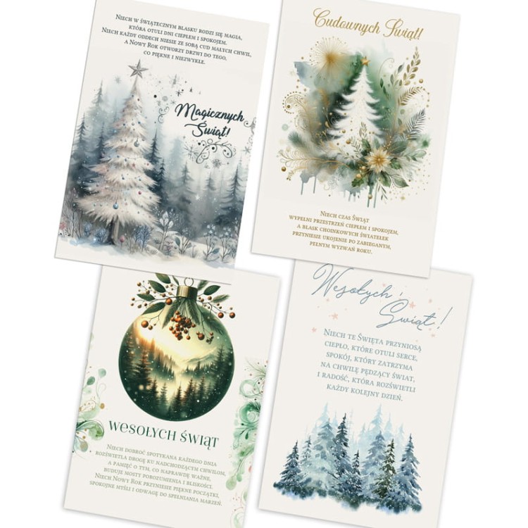 Opłatki świąteczne z nadrukiem życzeń i zimowymi ilustracjami idealne na wigilijny stół.