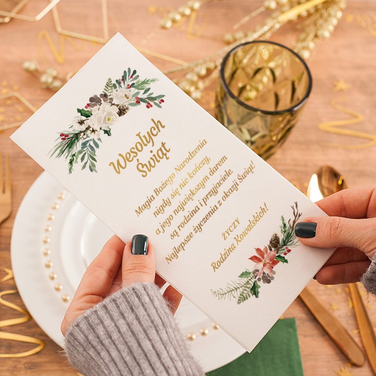 Personalizowany opłatek wigilijny z grafiką świątecznych gałązek i gotowymi życzeniami.