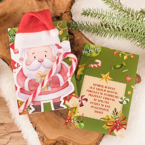 Kartka świąteczna z Mikołajem i cukrową laską