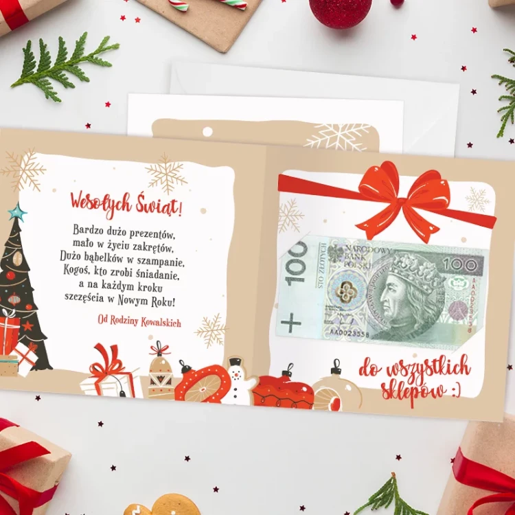Estetyczna karta świąteczna z kopertą i grafiką prezentu