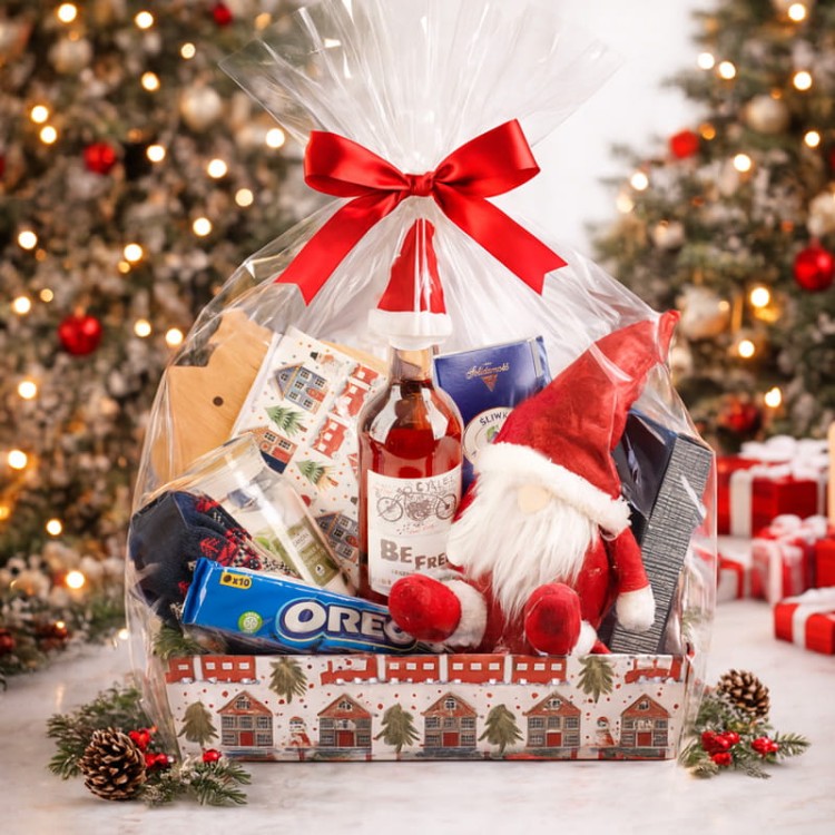 Kosz prezentowy na święta z winem bezalkoholowym, skrzatem i słodyczami gotowy do wręczenia.