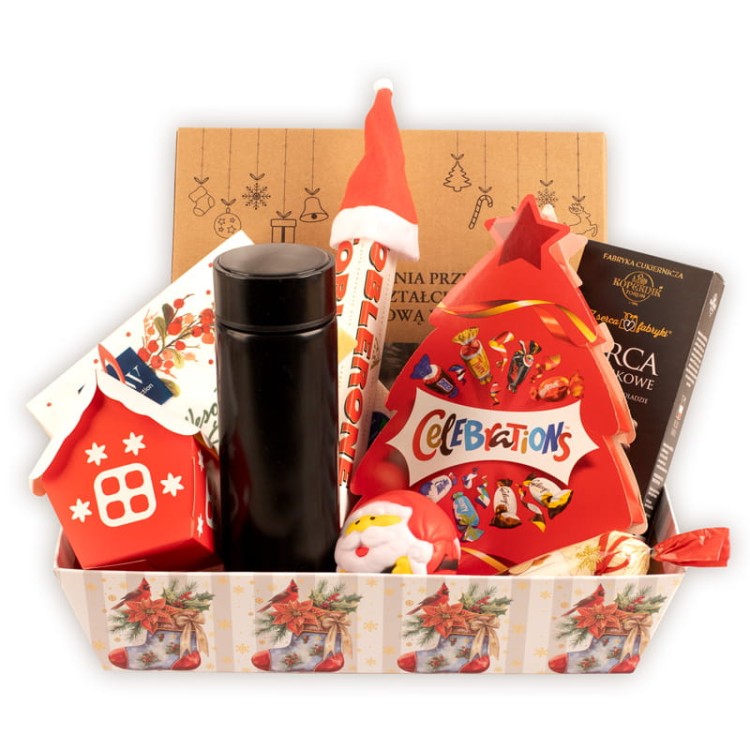 Gotowy świąteczny zestaw prezentowy z termosem, słodyczami i dekoracjami.