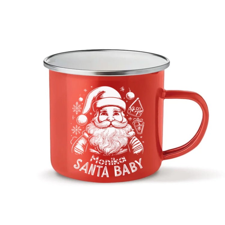 Czerwony metalowy kubek Santa Baby z imieniem na prezent