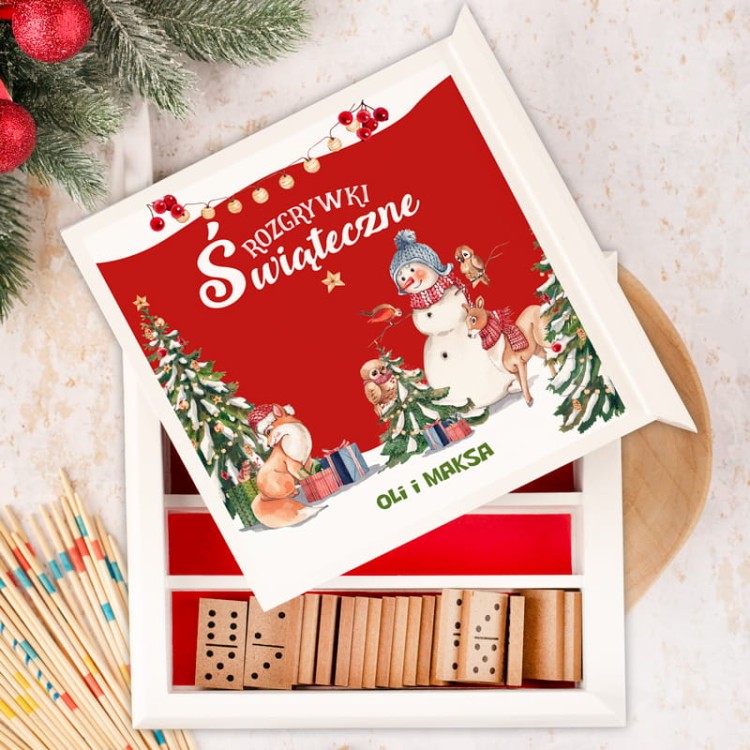 Personalizowany zestaw świątecznych gier dla dzieci w drewnianym pudełku