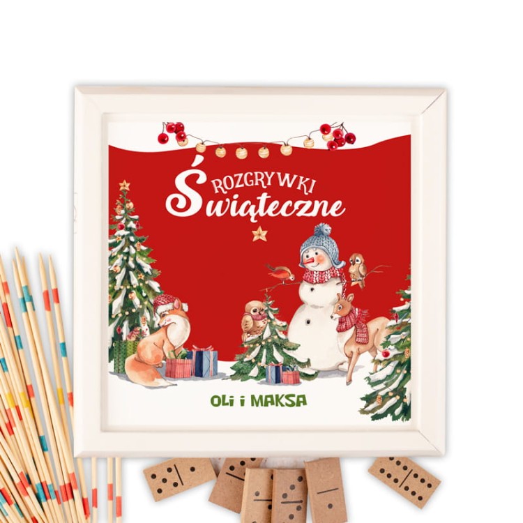 Gry planszowe i zręcznościowe w świątecznym pudełku z imieniem