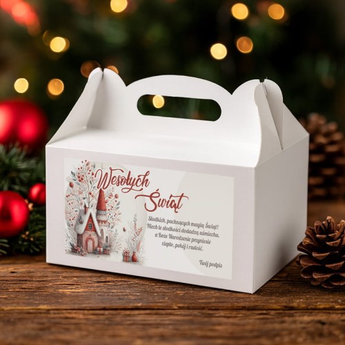 Świąteczne pudełko z rączką i nadrukiem do pakowania ciasta.