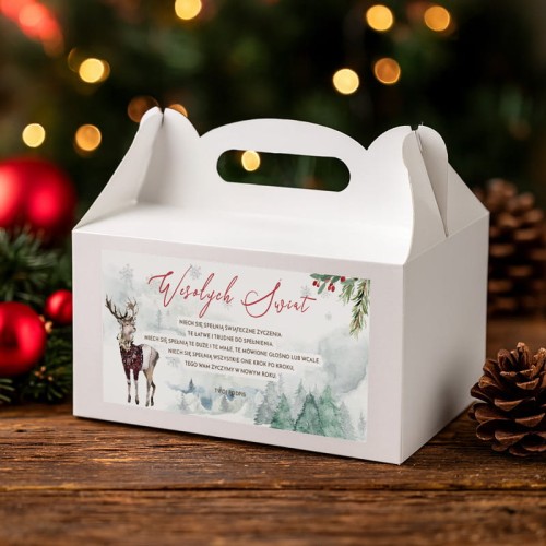 Opakowanie z rączką i grafiką świąteczną idealne na prezenty.