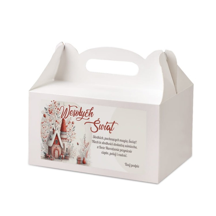 Białe pudełko z grafiką bożonarodzeniową i uchwytem.