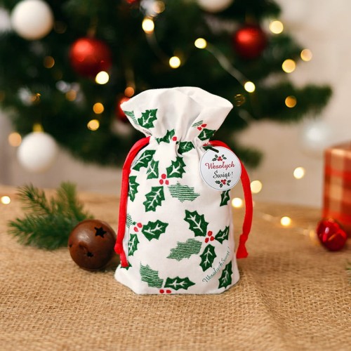 Świąteczny worek prezentowy na butelkę z ostrokrzewem