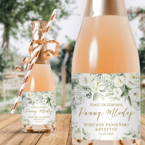 ETYKIETY na Mini Szampany podziękowanie na panieński Białe Kwiaty 10szt