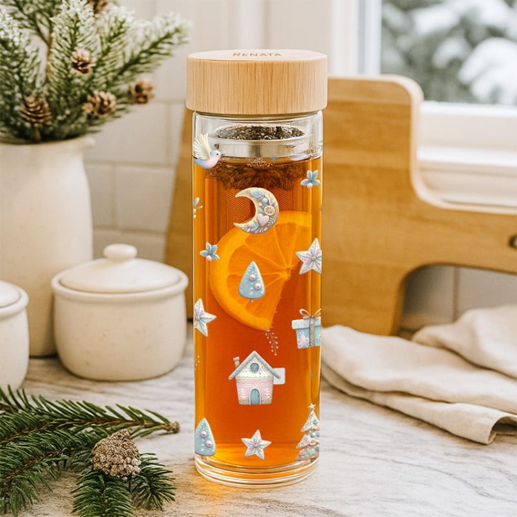 Termiczna butelka na herbatę z bambusową zakrętką i dekoracją
