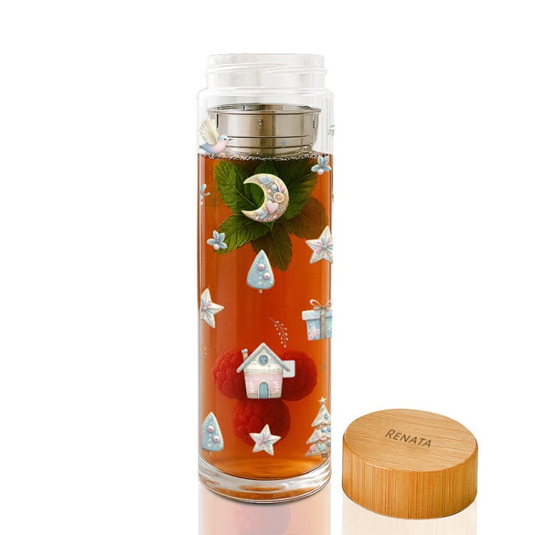 Butelka z zaparzaczem i zimową grafiką jako upominek świąteczny