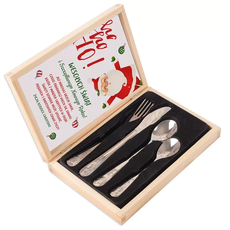 Personalizowane sztućce dla dziecka w pudełku z grafiką bożonarodzeniową