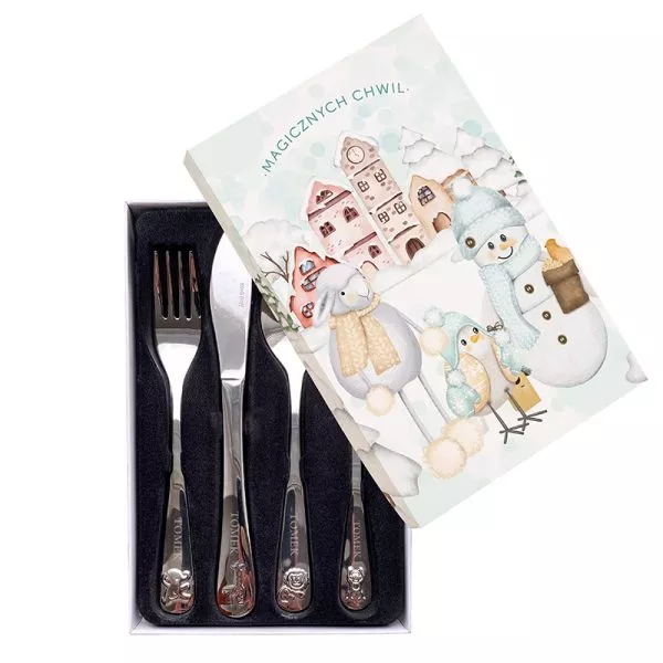 Zestaw sztućców dla dziecka z grawerem i motywem zimowych zwierzątek
