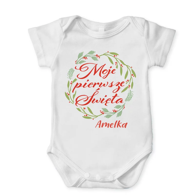 Personalizowane ubranko świąteczne dla niemowlaka z wieńcem i imieniem
