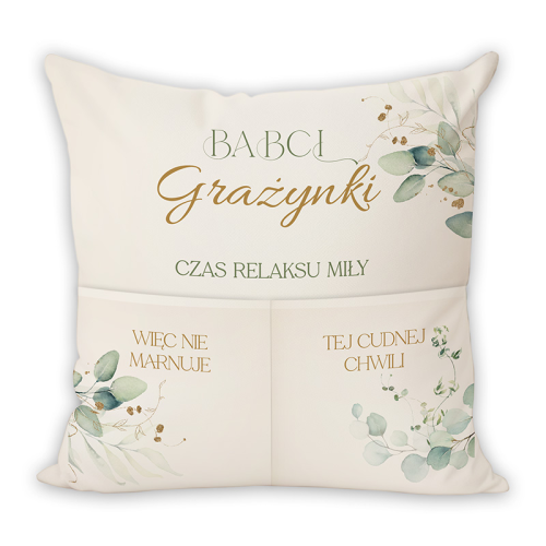 Poduszka z nadrukiem imienia i hasłami dla babci na Dzień Babci.