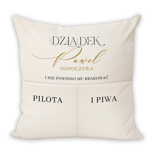 Poduszka z nadrukiem imienia i miejscem na pilota i piwo.