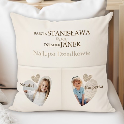 Personalizowana poduszka ze zdjęciami wnuków dla babci i dziadka.