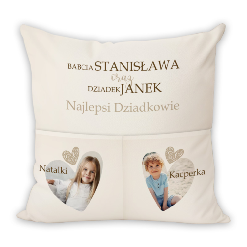 Poduszka z kieszeniami i imionami wnuków jako prezent od dzieci.