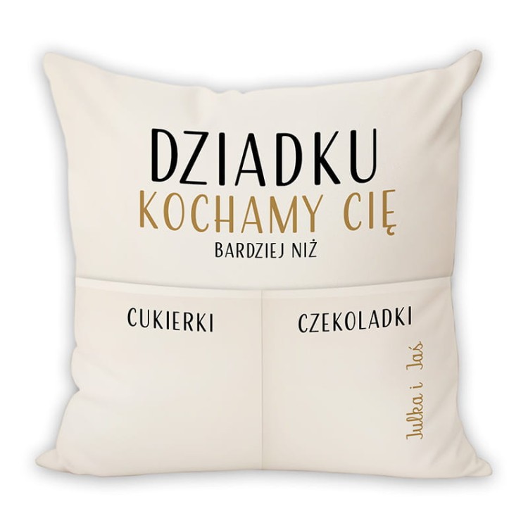 Prezent dla dziadka z personalizacją – imiona wnucząt na poduszce.