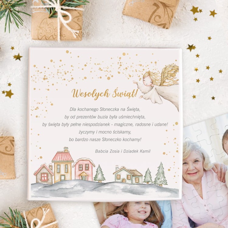 Personalizowane puzzle świąteczne z rodzinnym zdjęciem i pudełkiem z życzeniami.