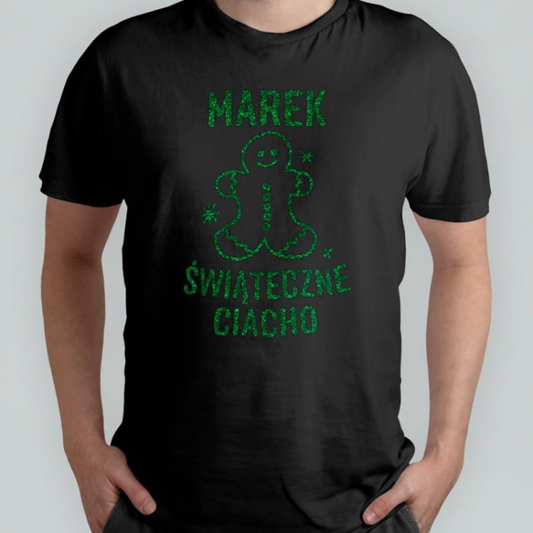 Męska koszulka świąteczna z brokatowym napisem i personalizacją imienia.