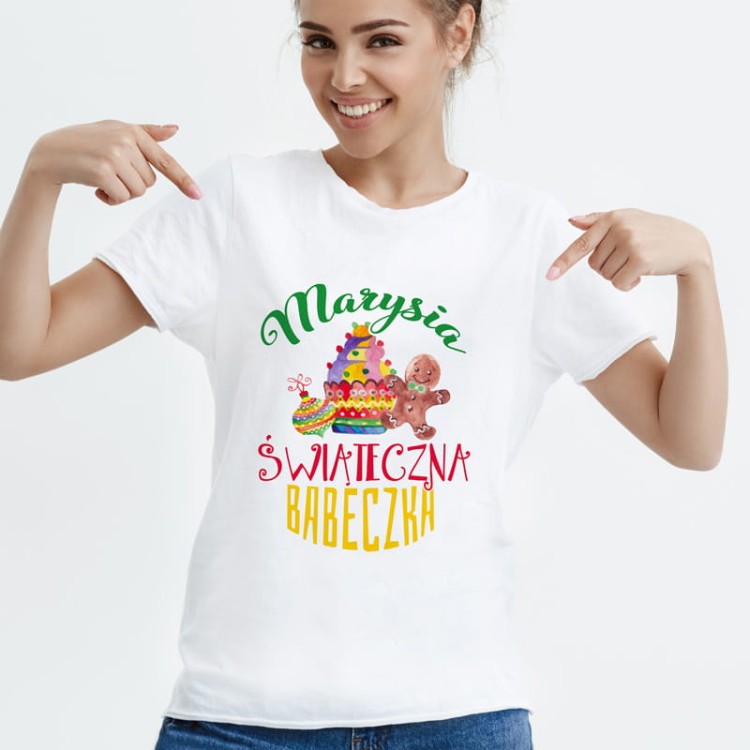 Koszulka damska z imieniem i grafiką świąteczną w stylu bożonarodzeniowym.