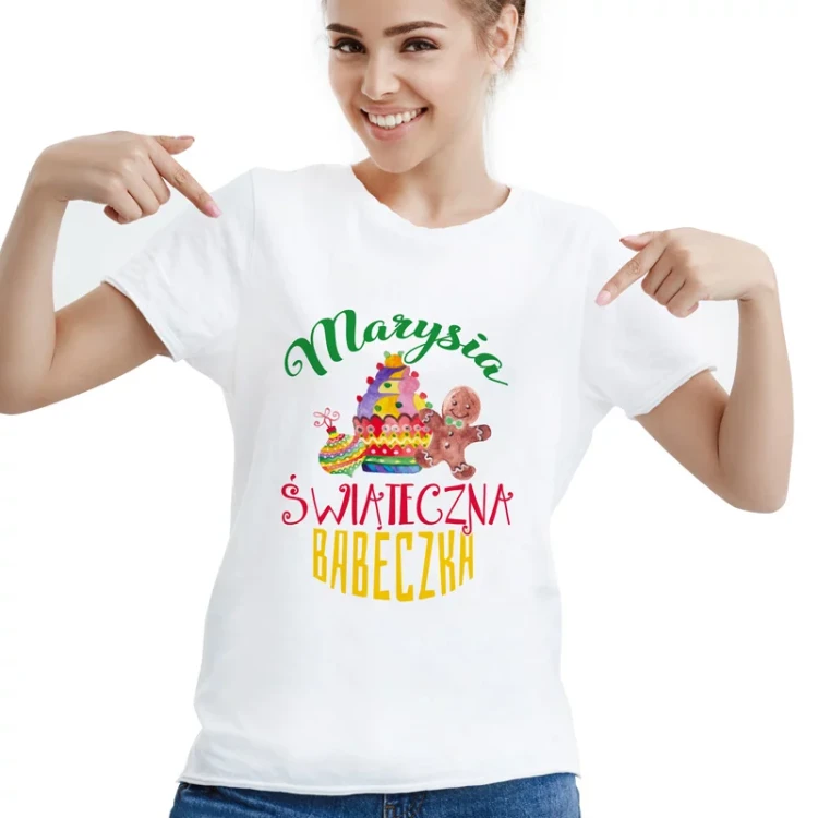 Personalizowana koszulka świąteczna z napisem „Świąteczna Babeczka”.