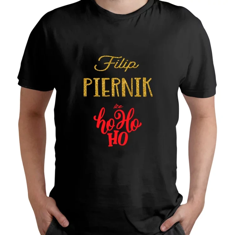 Czarna koszulka świąteczna z brokatowym nadrukiem i imieniem.